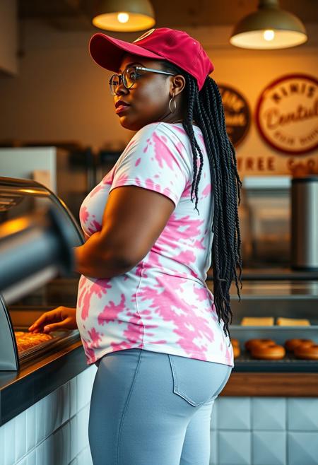 masterpiece portrait of a full-length side view of a size 20 mature white woman::1.4, realistic documentary photography style::1.2, ultra-detailed art::1.1,
(physical description: curvy, plus-size frame, cornrow braids, glasses, loosely inspired Soft heart-shaped face with hooded doe eyes, a broad-tipped nose, and full upper lip—youthful yet quirky:0.5:1.1),
(facial features, expression: neutral, focused expression while working:1.0),
(clothing details: fitted ball cap, white and pink tie-die  T-shirt, light blue yoga pants:1.0),
(accessories: bright pink  strap thick soled sandals showing perfectly pedicured toes:0.9),
(background setting: behind the counter of a doughnut shop, glass display case of pastries, warm indoor lighting:0.9),
(lighting style: soft warm light from overhead fixtures, subtle shadows:0.8),
(composition and camera framing: side profile full-length shot, slightly low angle:1.0),
(emotional tone or theme: casual, everyday realism:0.9),
(technical execution: sharp focus, natural color balance, realistic textures on skin, clothing, and shop elements:0.8)