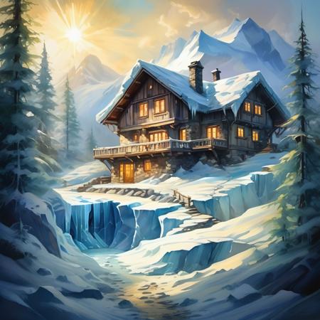 glacier scene,house,shining,nature light,Fantastic light and shadows,
2d game scene,oil and watercolor painting,<lora:Retro_Illustration:0.85>,