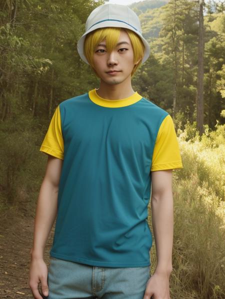 best quality, masterpiece, highres, detailed, realistic, cosplay, <lora:Detail - add_detail:0.2>, TKDigi02, 25 year old japanese man, yellow and teal shirt, blue eyes, blonde hair, hat, valley, :d, <lora:Character - TKDigi02:0.8>, short hair, upper body,