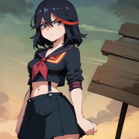 beautiful, masterpiece, best quality, extremely detailed face, perfect lighting, 1girl, solo,  <lora:Aetherion:0.8>, aetherion, cowboy shot,  <lora:MatoiRyuukoV3:0.8>, matoi ryuuko,school uniform, black serafuku, suspender skirt, standing,