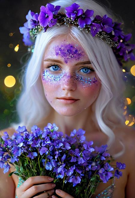 A beautiful, pale woman with white hair is holding purple flowers in her hand, and the light shines on them. She has blue eyes and glitter dust on her face. She wears a flower crown, and the colors are soft and pastel, creating an ethereal aesthetic with a bokeh effect. The image is photo-realistic, captured with a Canon EOS R5 camera.