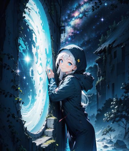 masterpiece, high quality, highres, absurdres, 1girl, piyama, smile, wearing a hood, looking ot a window, leaning, on a wall, stars, shiny, glimmer, glowing stars, glowing nature, details, detailed background, half body, <lora:chiistyle:0.5>,  <lora:detailchi:0.3>,