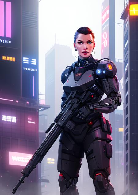 masterpiece, best quality, detailed lips, detailed face, detailed skin, 1girl, science fiction, power armor, short hair, assault rifle, holding weapon, aiming, cyborg, cyberpunk, neon light, n <lyco:gunsLoHatry3-000025:0.7>