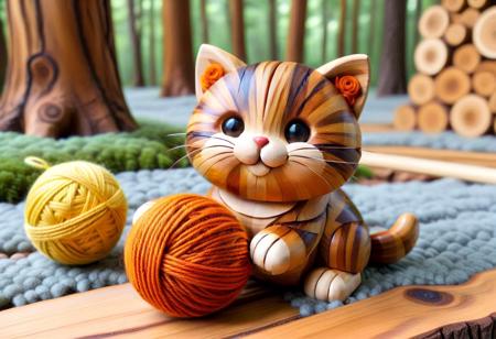 cat, neko, hard wood, score_9, score_8_up, score_7_up, score_6_up, cat made of wood, brown, orange, shiny, playing with yarn ball, shiny, adorable kitty playing in a cloudy forest