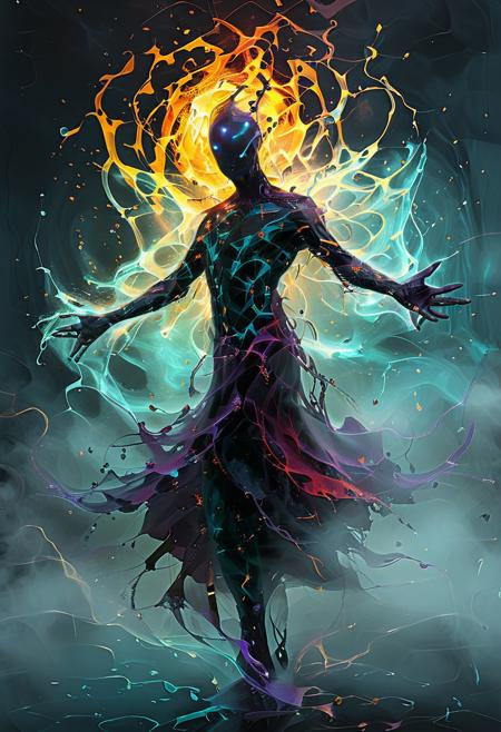 Artnthrmg, artmsc, artme, mosaic, With this spell, the nether mage can turn his body into pure elemental nether. In this form, the mage is able to use his own body as a receptacle for elemental energies that can be used afterwards for various nether spells. The control of nether energy is very difficult and a careful nether mage makes a strong point of always having is control spell up and to avoid returning to his normal body with too much stored energy. The amount of nether energy that can be stored is linked to the nether mage status in the nether guild. A nether mage must also be careful not to have too much elemental energy stored when he goes back to his normal form, for else the huge amount of energy will explode into the air around the mage, which might prove quite lethal. Efficiency of this spell depends on the mage knowledge in the basic bodies and masteries, fire, earth, water and air.. ::2 masterpiece, long exposure, layered elements, motion photography, stark contrasting color transitions, saturated colors, harmonious color story, illusionism, beautiful details, blackhole energy core, ::1
