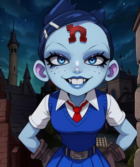 Nina,blue eyes,blue skin,buck teeth,short blue hair,hairclip,N,
blue sweater vest,red tie,white collared shirt,short sleeves,skirt,smile,metal gloves,
standing,
night,evil castle,
(insanely detailed, beautiful detailed face, masterpiece, best quality)solo,<lora:NinaCortexNF:0.8>,