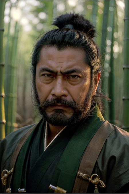 cinematic film still movie poster, professional headshot photography, face focus,
(masterpiece, realistic, best quality, high quality, highres, ultra-detailed), 
<lora:ToshiroMifune_SD15_v1.0a:1>
intense serious Toshiro Mifune Samurai  
Short and textured hairstyle, full long beard and mustache,
outdoors in a bamboo forest,
in a Kofun and Asuka era outfit with hair ornaments	Tachi  and kabuto 	Hakama	Waraji	Jewelry made of gold, silver, and jade
beautiful lighting, rule of thirds, simple backdrop, incredibly detailed fabrics, fine fabric emphasis, bamboo forest background,
detailed face in style of Chuck Close . shallow depth of field, vignette, highly detailed, high budget, bokeh, cinemascope, moody, epic, gorgeous, film grain, grainy