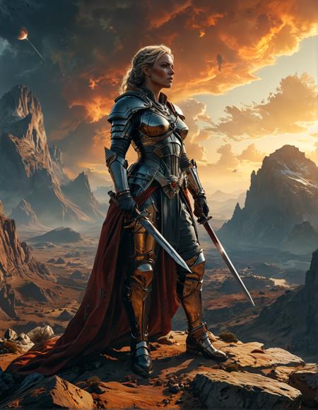 A rebel leader, reminiscent of the iconic (Madonna of the Rocks:1.2), stands atop a (planetary landscape:1.15), a vast, otherworldly terrain, with a rebellious spirit, a determined gaze, and a sword in hand, set against a backdrop of a (cosmic battle:1.1), with celestial bodies and a dramatic sky, all rendered in a realistic, photorealistic style, 8K sharp focus, cinematic, with a dynamic composition.