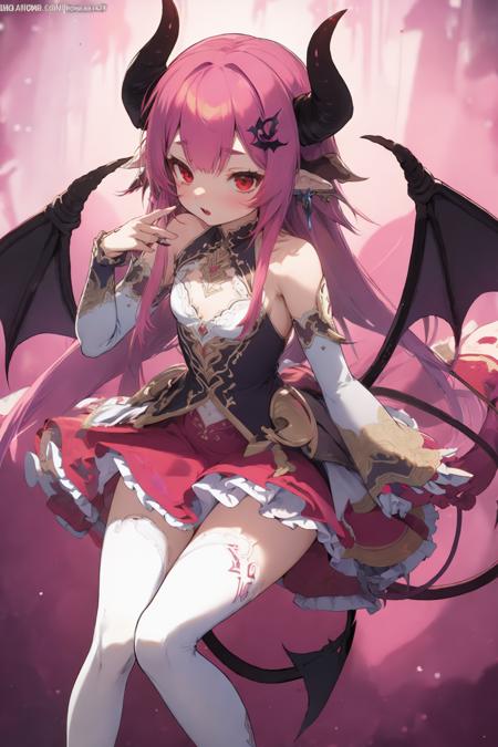 reddemon horns, pink hair, demon tail, demon wings, detached sleeves, small breasts, thighhighs, dress, bare shoulders,hair ornament, white thighhighs,