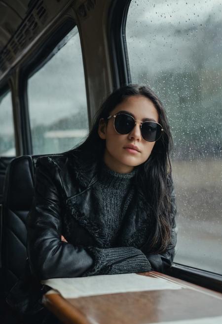portrait, masterpiece, 4k, ray tracing, intricate details, highly-detailed, hyper-realistic, 8k RAW Editorial Photo.
1girl, sitting on bus, by the window, Black sunglasses, black hair, moody, rainy, white headphone, natural beauty, dark aesthetic, atmospheric, black sweater, black leather coat, 
cinematic light, dramatic light, shallow depth of field,  high budget, bokeh, cinemascope, film grain,