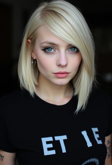 woman, blonde bobcut hair, parted half hair, green and blue eyes, eyeliner, gothic, wearing black t-shirt,