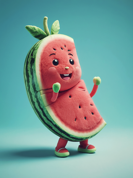 little watermelon, pure sky blue background, 32k uhd, soft and romantic scenes, colorful detail character design, C4D style, cartoon realism, funny character design, 8k, highest quality 