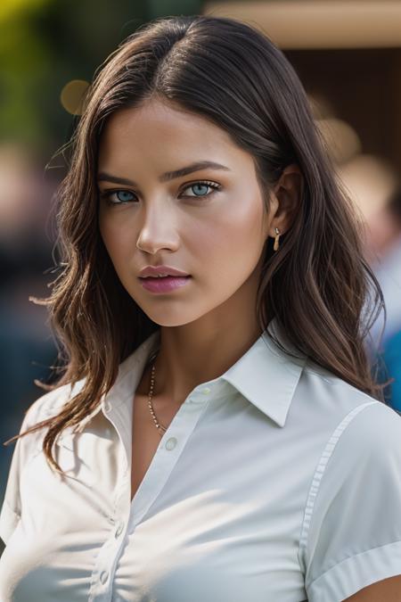 <lora:4dr14n4l1m4:0.9>, a Realistic photo of 4dr14n4l1m4 woman, breasts, looking at viewer, brown hair, hair ornament, white shirt, makeup, green eyes, upper body, parted lips, lips, realistic, soft lighting, professional Photography, Photorealistic, detailed eyes, RAW, analog, sharp focus, 8k, HD, DSLR, high quality, Fujifilm XT3, film grain, award winning, masterpiece
