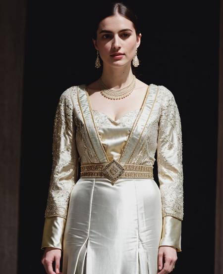 RAW photo, subject, 8k uhd, dslr, soft lighting, high quality, film grain, Fujifilm XT3, professional photo, (detailed skin:1.3), high quality, high budget, vogue, dark grey background, atmospheric depth, depth of field, atmospheric perspective, fashion photography, deep shadows, grecian neckline, batwing sleeve, high waist skirt, box pleated skirt, dynamic pose, unnaturally pale skin,  <lora:Merlin_TV-Show_Fashion:0.65> , 1910_dr3ss, design, trim, bridgerton dress, empire waist, hair ornament, necklace, detailed fashion, extremely detailed, patterned clothing, opal, opal texture, iridescent, jaqcuard, jacquard fabric, gown, tight dress, full body, wide sleeves, v0gp1nk, long sleeves, edgrenaissance, realistic,