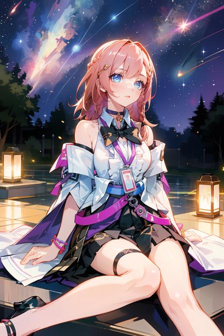 1girl, asta \(honkai: star rail\), detached sleeves, high heels, high-waist skirt, sleeveless shirt, id card, overskirt, anklet, thigh strap, bracelet, hairpin, belt, bowtie, choker, starry sky, sitting, yokozuwari, looking up, shooting star, outdoors, depth of field, (extremely detailed CG unity 8k wallpaper,masterpiece, best quality, ultra-detailed, beautiful detailed eyes:1.2)