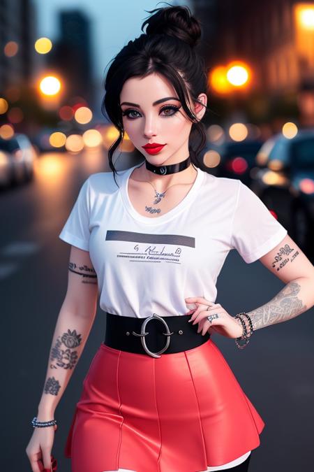 photo of a woman, noemielili:0.99, ((pale skin)), ((choker, bracelets, tattoos, thighhighs):1.2), ((hair up, hair in bun)), ((shirt, skirt):1.2)((cowboy shot, waist, hips, thighs):1.2),((walking, outdoors, city street, at night):1.1),((red lipstick,eyeliner, eye shadow, blush):1.2), ((best quality, masterpiece, extreme details, high resolution):1.2),((detailed eyes, beautiful eyes, detailed face, beautiful face):1.2)