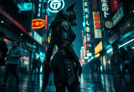 a cyberpunk robot samurai Anthro wolf woman, sleek exosuit like destiny, robot anthropomorphic wolf face with mirrored face shield, robot joints, body made of metals, cables and wires, she has a pair of ornate pulse pistols holstered at her hip, in sleek cyberpunk futuristic holsters. she has one hand on the handle of one of the pistols, in a cyberpunk city street, walking in a crowd. the viewpoint is from the ground just in front of one foot, as if shot from a 12mm wide angle lens. dim lighting from lots of large overhead neon signs, like drizzle make everything sleek silhouetted in the gloom.  Perfect Composition, realistic photographic image, RAW photo highest quality, perfect directional lighting, she is looking out at the people in the street around her as if hunting.