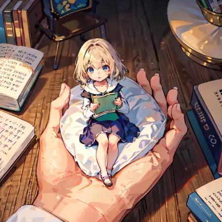 Shrunken girl in hand