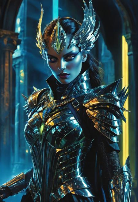A hyper-realistic pencil drawing of a woman with chrome-silver skin, featuring vibrant, colorful accents against a dark blue background. She is expressionless, yet serious, adorned in intricate armor with iridescent layered plates and glowing edges. Her polished, mirror-like skin contrasts sharply with the surreal surroundings. A blindfold adds a layer of mystery to her look. She grips a radiant, crescent-bladed glaive, with the background showcasing futuristic cathedral-like ruins and exaggerated glass architecture. The floating metallic debris and glowing arcs of neon glass create a prismatic atmosphere. The ground appears liquid-like and crystalline, reflecting the glowing surroundings.
The woman’s armor is highly detailed with a glossy, reflective finish, adding a striking visual contrast. Her intricate battle garb shines with a polished, sparkling surface. A cinematic composition presents her front-facing, with her flowing armored cloak catching the light. The scene features vivid, saturated colors with a balance of light, highlighting the chrome, glass, and metallic elements. The surreal glowing elements contribute to the dark fantasy theme, blending futuristic design with a polished, dark aesthetic.