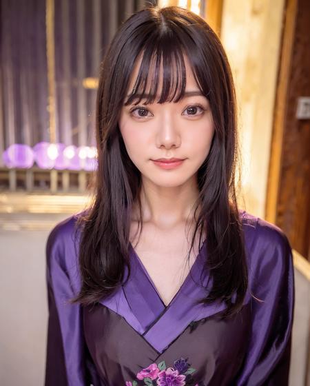 best quality, photorealistic, 8k, high res, 1girl, woman, (professional lighting), (portrait:0.6), (purple kimono dress:1.72), gorgeous, black hair, (short hair:1.2), (1girl eyes looking at viewer:1.4), ((looking at viewer:1.6)), (looking at the camera), photorealistic, (bokeh), (portait:0.6), (dynamic pose:1.2), sfw, (smile:1.6), <lora:av-rena:0.71>