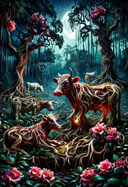 Ever Growing Connections, vibrant colors, vivid colors, cows made out of morph-treeroots, surrounded by camellias, tropical forest, moonlight, dramatic, , Masterpiece, best quality, amazing quality, volumetric lighting, SFW, exquisite detail, digital art, highly detailed, beautiful, surreal,