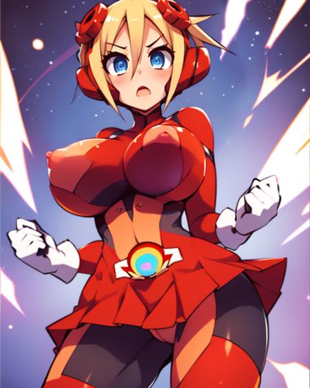 Piyori , short blonde hair,blue eyes , solo  upper body,  large breasts, covered nipples,  shocked expression,  blush , 
Nijino,red bodysuit ,skin tight, white gloves, hair ornament, small skirt, red boots,  ripped clothes, 
outer space, stars, colorful explosions in background, 
(insanely detailed, beautiful detailed face, masterpiece, best quality)  <lora:PiyoriNijino:0.8>