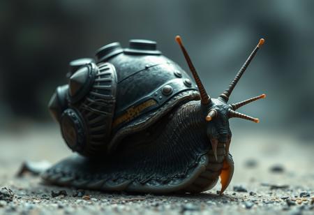 Close Up shot of a Battle snail, armour shell, cyborg parts, creepy, dark movie atmosphere, fog, natural light, cyberpunk background