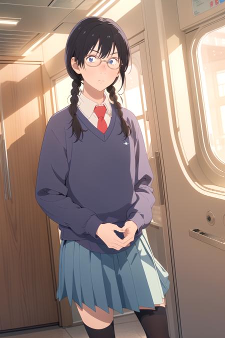 masterpiece, best quality, high quality, highres, high res, absurdres, ultra-detailed, best anatomy, detailed eyes, perfect eyes,
Pretending to be a superhero in flight,
makoto_kurume, opaque glasses, solo, 1girl, braid, blue eyes, skirt, shirt, black hair, twintails, school uniform, pleated skirt, necktie, shoes, glasses, socks, collared shirt, twin braids, sweater, blue skirt, red necktie, loafers, long skirt, blue sweater, <lora:makoto_kurumeV1:0.85>