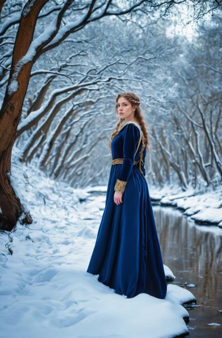 18 yo english girl,Focusing,breathtaking,nature,dgtlv2,8k,(wintertime:1.2),(snow:1.2),Huge trunk(A forest of tall oak trees covered with snow:1.2),streams,(Frozen stream:1.2),fashion editorial,full body,looking at viewer,depth of field,(deep blue gold Viking dress:1.2),(Victorian age),<lora:add-detail-xl:0.7>,
