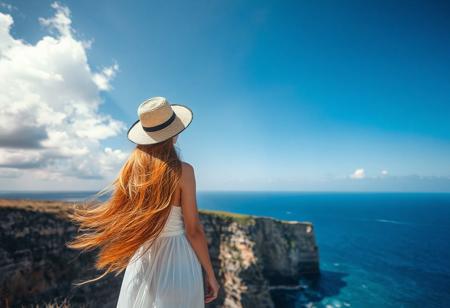 highest quality, best quality, 4k, uhd, on the edge of a cliff, sea in background, woman with ginger hair standing on the edge of the cliff, looking at sea, hair on strong wind, big straw hat, white dress, shot from behind, sunny day, clouds on the blue sky