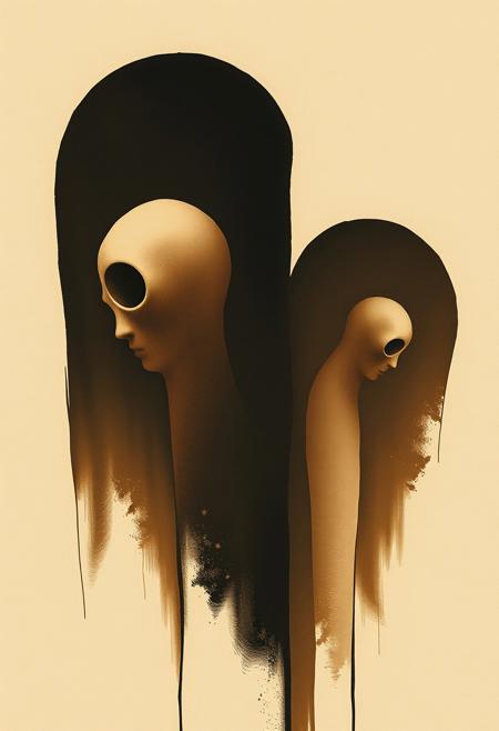 A surreal minimalist artwork in natural earth tones using contrasting chiaroscuro lighting.  The image features enigmatic figures in a dreamlike abstraction with subtle yet powerful contrasts. Muted browns and beiges create a haunting atmosphere and psychological depth through simplified yet expressive forms.