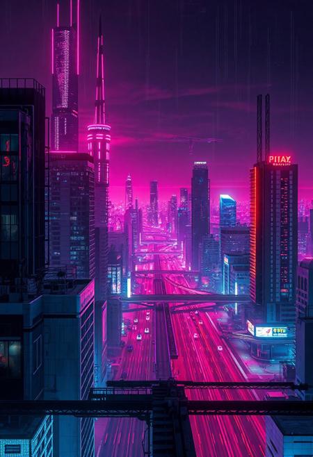 Digital city, megalopolis, future, retrowave, cyberpunk, neon, rooftop, city in the distance, highways, neon, lights,