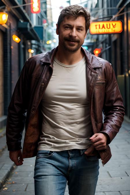 MikeWozniak, photo of a rugged man wearing leather jacket and jeans and white t-shirt walking down the street, smile, soft focus, photo by mark henderson, cinematic, natural lighting, muted colors, night, bokeh, face portrait, (extreme close up:1), urban, beard, dynamic pose, muscular, fog, red and blue neon city lights, alley, realistic, masterpiece, intricate details, detailed background, depth of field <lora:MikeWozniakLora:1>