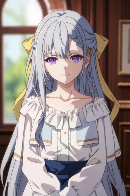 best quality, masterpiece, highres, solo, {euphyllia_magenta_tenseioujototensaireijounomahoukakumei:1.15}, purple_eyes, long_hair, bangs, grey_hair, braid, bow, blurry, hair_bow, hair_ornament, 1girl, blurry_background, collarbone, portrait, hair_between_eyes, frills, looking_at_viewer, shirt, smile, upper_body, white_shirt, closed_mouth