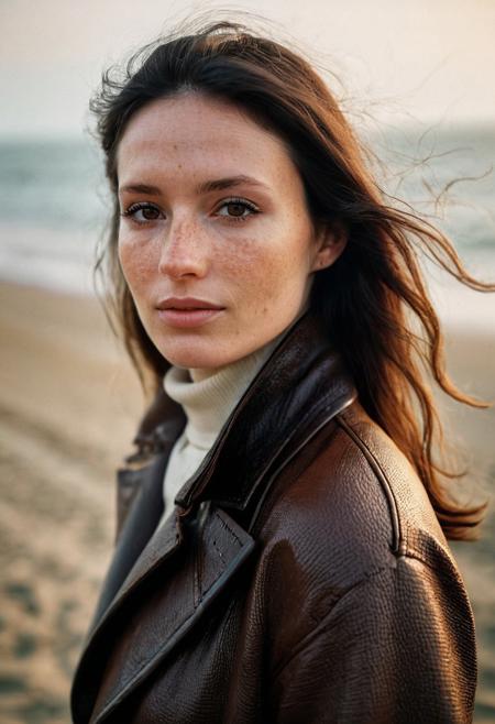 A beautiful 35mm photo of a 30 year old Dutch woman, sideview, ((turtleneck sweater)), ((leather trenchcoat)), ((full body:1.2)), polaroid film style, she has a comely face, shy smile, in love, pale skin, very dark eyes, chocolate brown hair, straight hair, 70's fringe, beautiful mouth, long face, narrow chin, freckles on nose, birthmarks on stomach, she is slim, natural tits, perfectly shaped tits, pubic hair, ultra realistic, extremely detailed, highly detailed eyes, realistic eyes, highly detailed skin, realistic skin, on the beach at the Dutch coastline, foggy 
cloudy, beautiful lighting, soft natural light, golden hour light, perfect light, Rembrandt style light, 8k resolution, masterpiece, 35mm,Camera="Hasselblad X1D 50c", Lens="Hasselblad XCD 90 mm f/3.2 ", "Aperture-of=f/2.8", "ISO=100", film grain, (ultra high res:1.2),(photo-realistic:1.3) (skin pores:1.1)
