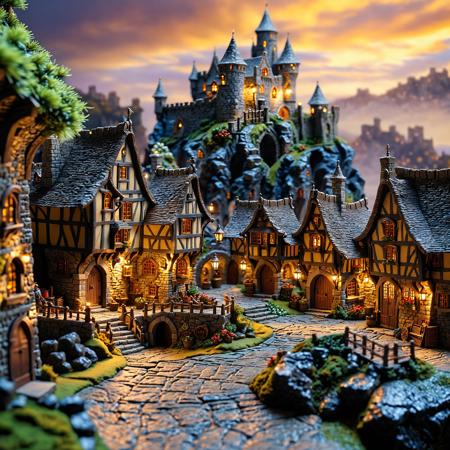 Create an image of a miniature scene set in a fantasy medieval setting, capturing the essence of the reference image's lighting and mood. A small mediaval village is overlooked by a castle on a rock. Warm light is comming out of the houses in the village the castle is beautifully decorated and emit warm and inviting lights. The overall feel should be inviting and magical, with a rich, detailed environment that brings the miniature fantasy scene to life. (miniature macro)