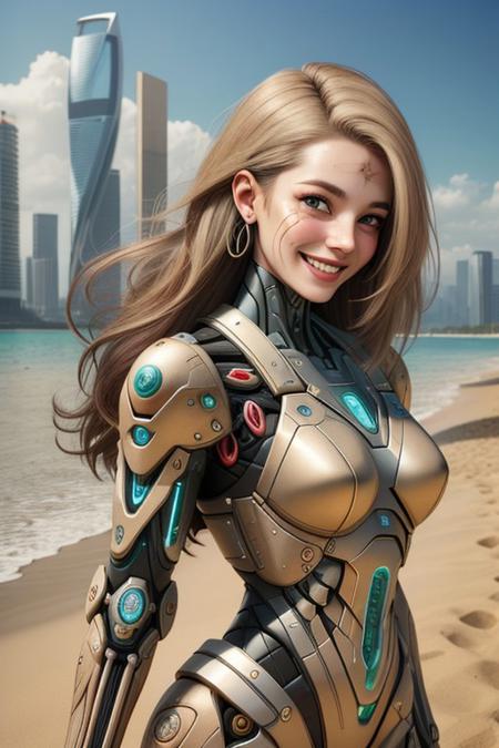 420futurism, (anatomically correct:1.7), medallion, score_9, score_8_up, score_7_up, score_6_up, masterpiece, Professional headshot. Detailed face. Highly detailed beautiful expressive eyes, (multi colored hair:1.4), glamorous, big twisted long hair. Mischievous Smirk. Light makeup. Studio lighting. Photorealistic, Natural atmospheric lighting, intricate details, 35mm photograph, film, professional, 32k visuals, highly detailed, elegant, studio quality, perfect body and face, absolutely outstanding image, fitness model, 32 years old, (gentle smile:1.4), (laugh lines:1.4), (wrinkles:1.4), aged mature female, (tanned aged skin:1.4), persuasive, stern look. hands out of view, scenery, beach, tropics, (red:1.7), (beige:1.7), hemp clothing, cyberpunk,  futuristic, neon, hemp cyber suit, fully dressed.