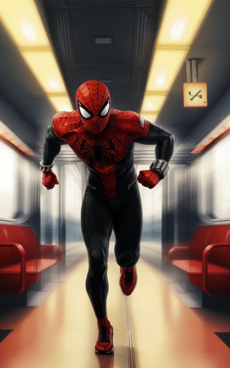 (((full body of male supspr))), (((silver bracelets))), (((sharp fingers))), a spider - man in a red and black suit, (((running on the moving train))), 8k, unreal engine, octane render, by seunghee lee, Jang Tae-Hwan, Chocofing R, seungho lee, trending on pixiv, fanbox, skeb, masterpiece, smooth soft skin, big dreamy eyes, beautiful intricate colored hair, symmetrical, anime wide eyes, soft lighting, concept art, digital painting,  <lora:supspr:0.4>