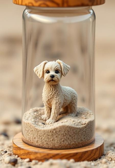 miniature pooch made of sand, in an hourglass