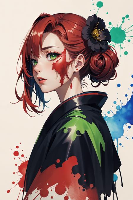 masterpiece, best quality, 1 girl, green eyes, kimono, (lycoris flower) in hair, highly detailed, high definition, red hair, (red ink, red paint splatter), (green ink, green paint splatter), (black ink, black paint splatter), watercolor, vibrant colors