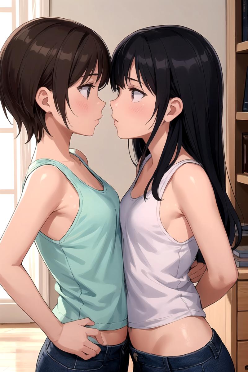 Two Girls Standing Together in a Bookshelf, with Books in the Background and One Girl Wearing a Green Tank Top.