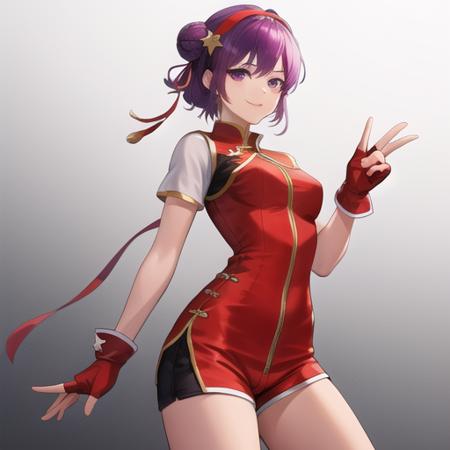 (masterpiece, best quality:1.2),illustration,8k,hd,1girl,solo,upper body,fingerless gloves,short hair,purple hair,purple eyes,smile,hairband,breasts,dress,medium breasts,star hair ornament,chinese clothes,short sleeves,hair ornament,china dress,hair bun,red gloves,red hairband,blue short shorts,boots,<lora:Asamiya Athena-00:0.7>,