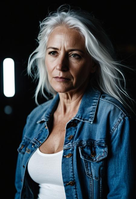 woman, 50yo, sad, messy white hairs, braless, jeans jacket, (freckles:0.5), Cinematic photography, movie mood, cinematic light, compelling composition, storytelling elements, conveys emotion, mood, and narrative depth, creating visually striking images that feel like still frames from a film, depth of field, highly detailed, high contrast, film grain