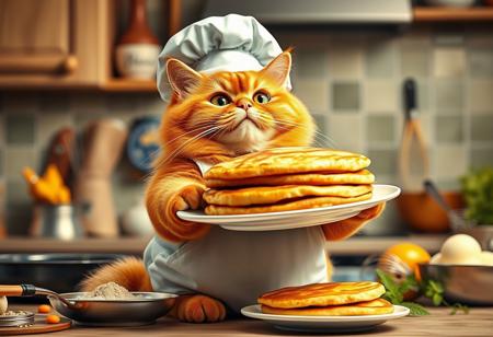 Create an image of a chubby orange cat wearing a chef's hat and apron. The cat is standing in a kitchen proudly holding a huge plate of pancakes. Surround it with kitchen utensils, such as a frying pan, whisk, and ingredients for pancakes, to create an atmosphere of culinary creativity. The lighting should be warm and cozy, highlighting the friendly and cheerful character of the cat.