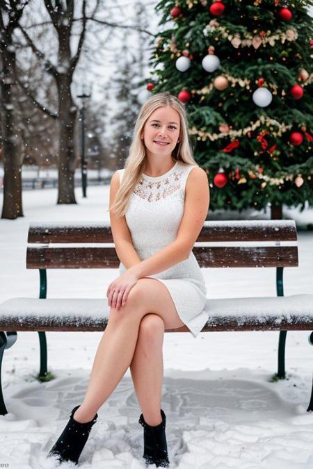 RAW photo,a 25yo Scandinavian woman in a short dress sitting on a bench in front of a Christmas tree and a snow - covered background,blurry background,8k uhd, dslr, soft lighting, high quality, film grain, Fujifilm XT3