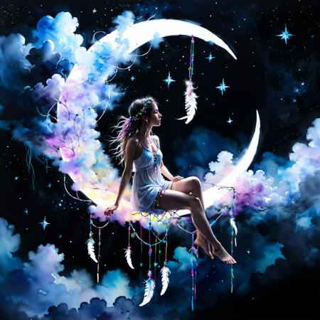 ink painting, acrylic,, crescent moon dreamcatcher, a beautiful woman sitting in it, night, stars above, clouds below, watercolour-ink painting centered, key visual, intricate, highly detailed, dark studio, rim lighting, two tone lighting, dimly lit, low key breathtaking beauty, precise lineart, vibrant, comprehensive cinematic, Carne Griffiths, Conrad Roset, sfw:1.3, <lora:add-detail-xl:1>,  <lora:xl_more_art-full_v1:0.8>