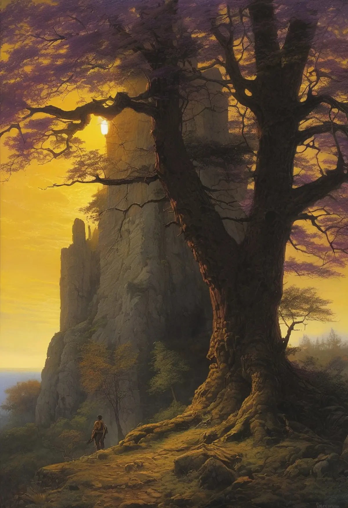 A natural landscape with a sky filled with a soft golden light that permeates the scene. The setting is characterized by a towering rock formation in the center. In front of this geological feature, a person waits under an enormous tree with widespread branches and purple-hued leaves. The tree’s roots are visibly entwined around the rocky ground
