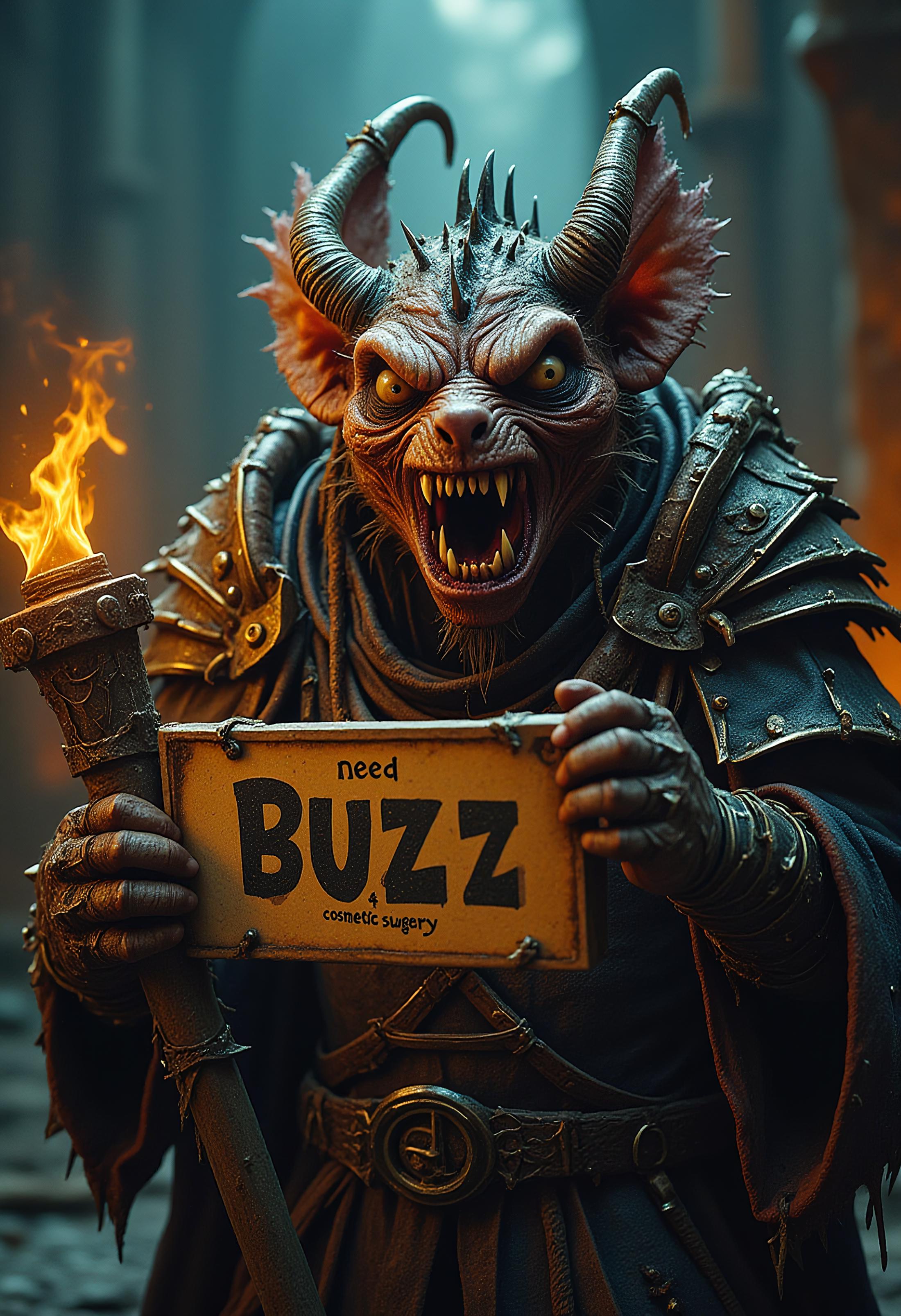 realistic scenery, ultra high quality, very detailed, an ugly Skaven warrior holds a shield with an attached sign with text "need buzz 4 cosmetic surgery", from above, Skaven, <lora:RPGv6-itr10>