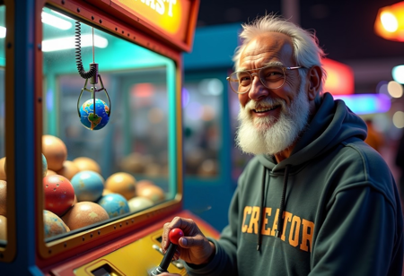A smiling laid-back, hipster version of God with white hair and beard—wearing a hoodie that says 'Creator of All' is gripping the joystick attached to an arcade claw machine. He's excited that he's about to win a prize and his eyes are fixated on the game. The bottom of the claw machine is piled high with planets of various sizes. The metallic claw hangs from the top The game and dangles a tightly it it's metallic fingers.