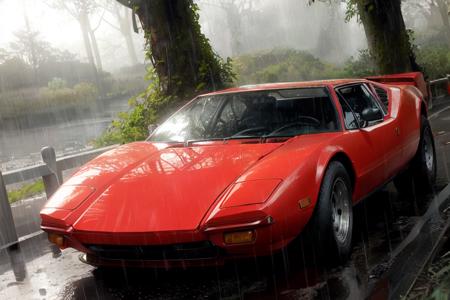 analog gloomy photo of a red Pantera car,  <lora:p4nt3r4:1>, tinted glass, driving through the jungle (at night), ((heavy rain)), ((nighttime)), helicopter chase, High Detail, Sharp focus, (photorealism), realistic, best quality, 8k, award winning, dramatic lighting, epic, cinematic, masterpiece, rim light, ambient fog:1.2, summertime, heat distortion, black birds, epic, dutch angle, wide angle lens,